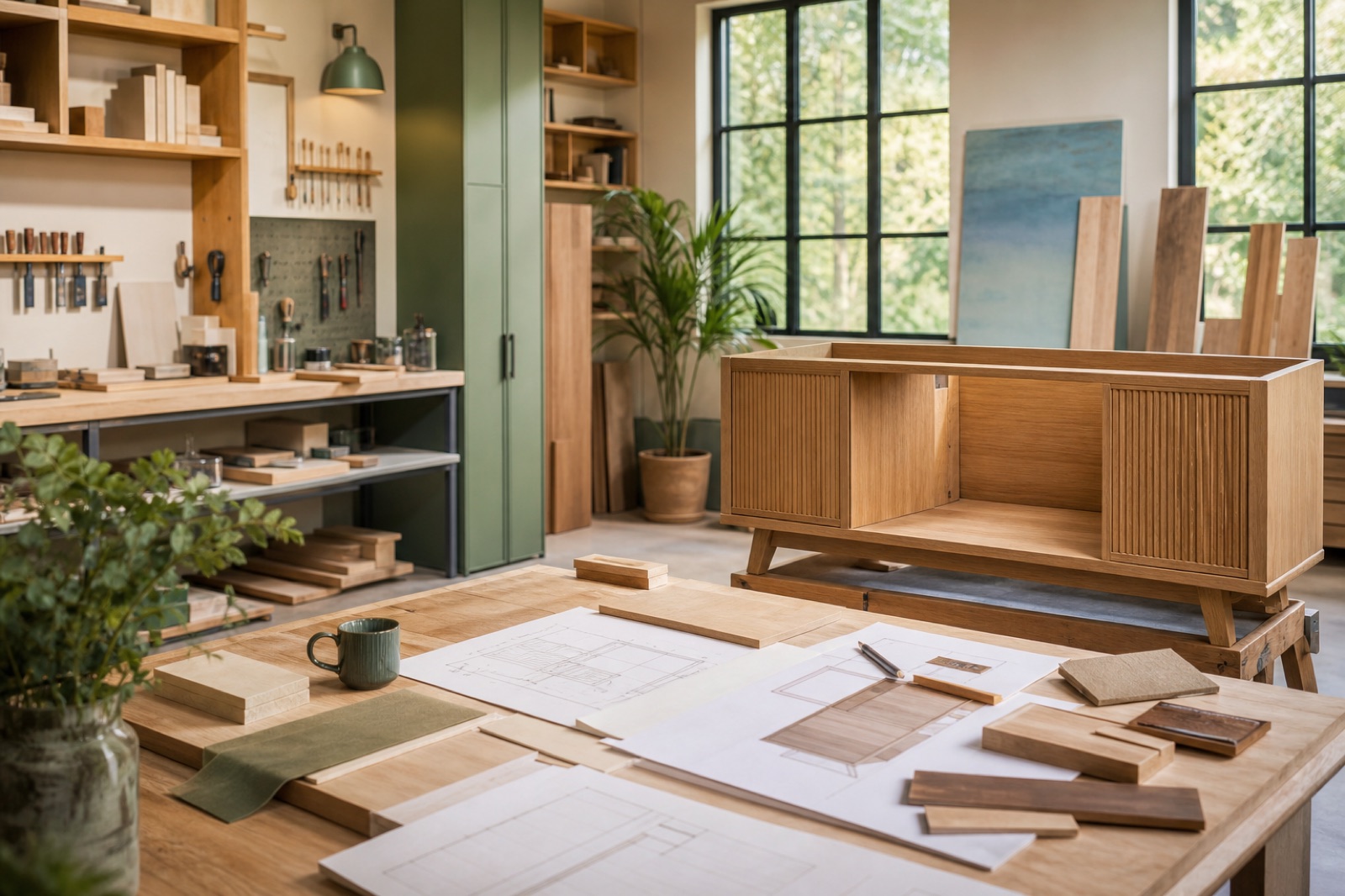 Spațiu de lucru într-un atelier fictiv de mobilier